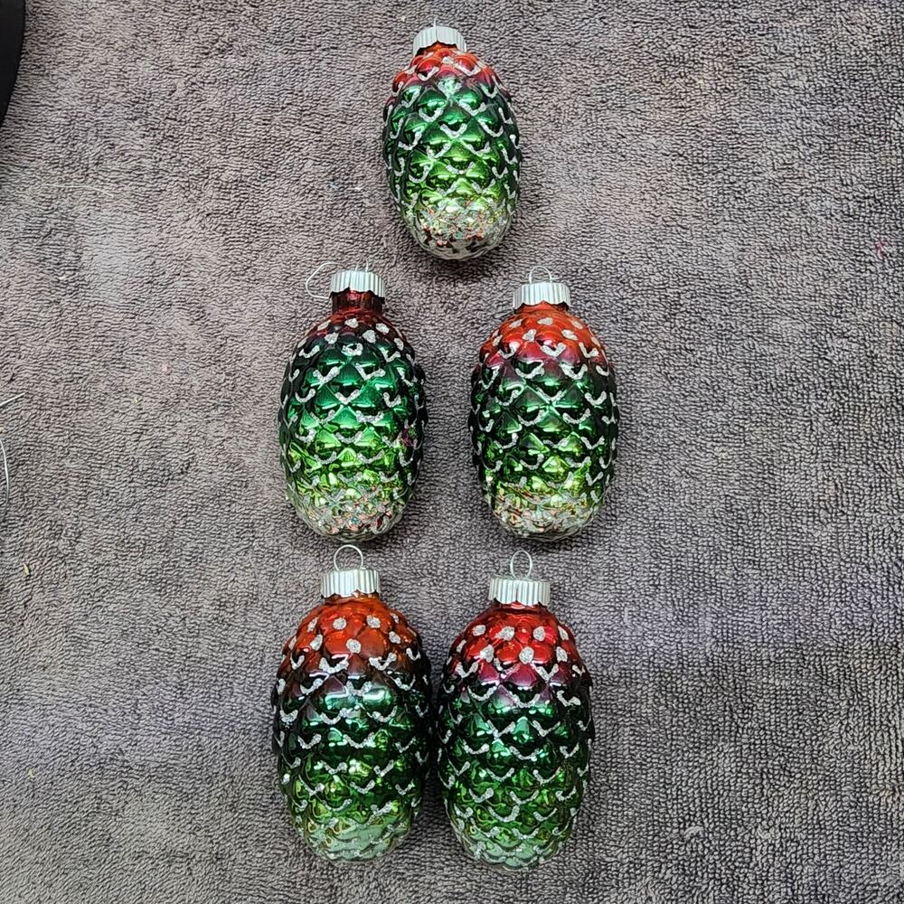 Set of 5 Radco Shiny Brite tri-colored pinecone Christmas Ornaments b34